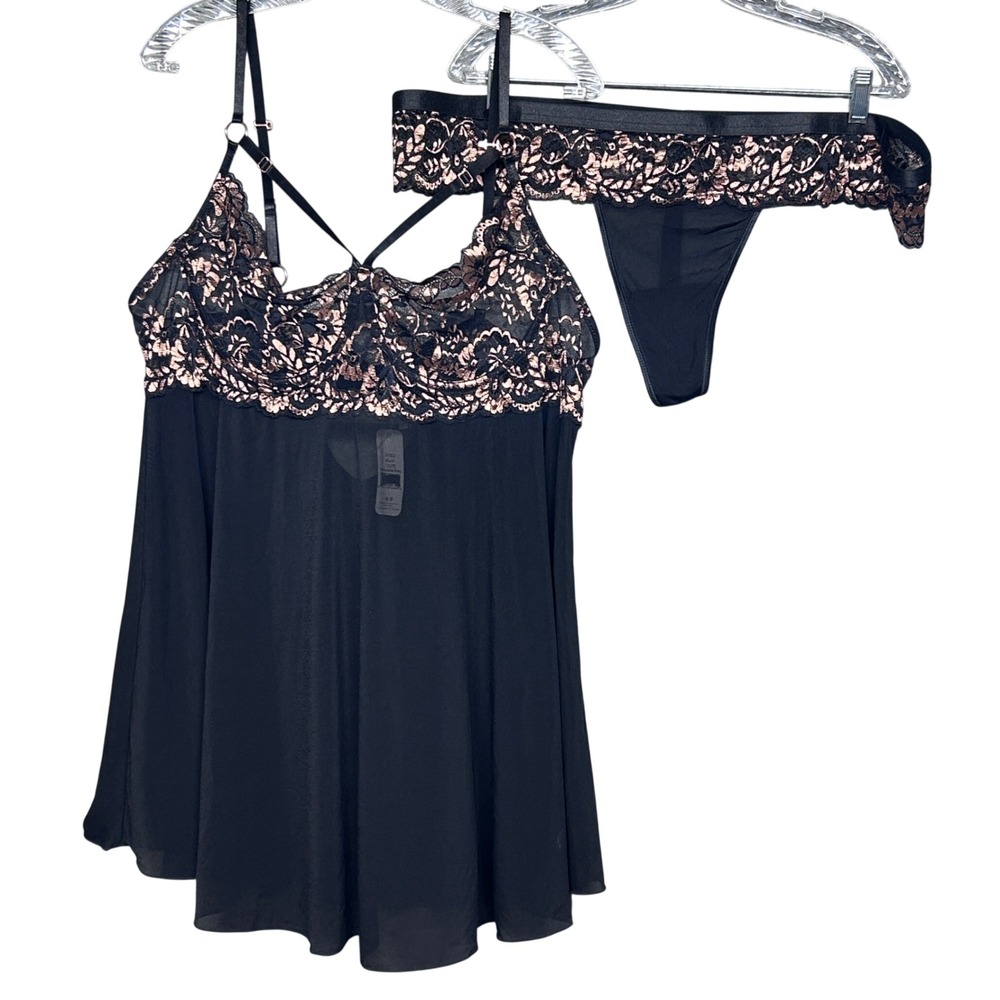 Coquette Babydoll & Thong Women 3X/4X Black NEW Lace Mesh Lingerie 2 pc Set